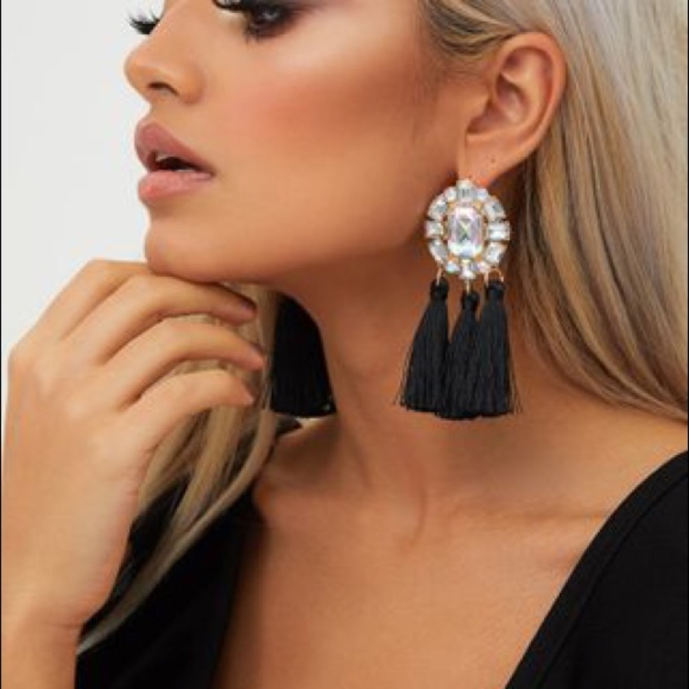 Lulus Black Crystal Tassel Earrings